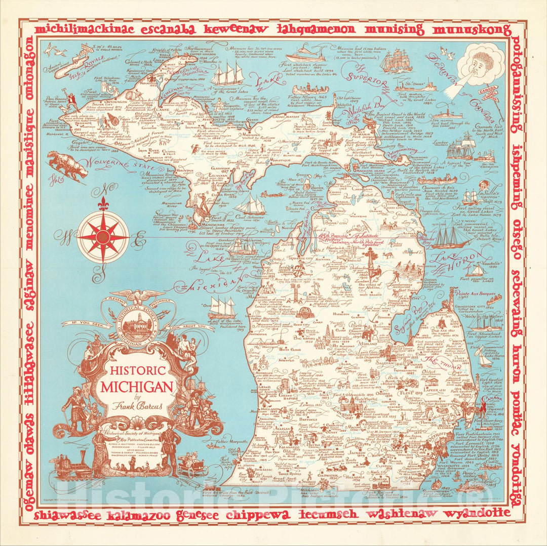 Historic Map : Historic Michigan by Frank Barcus, 1952, Frank Barcus, Vintage Wall Art