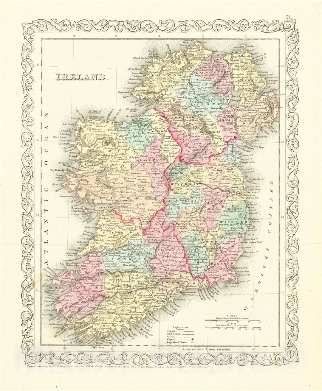 Historic Map : Ireland, 1857, Charles Desilver, Vintage Wall Art