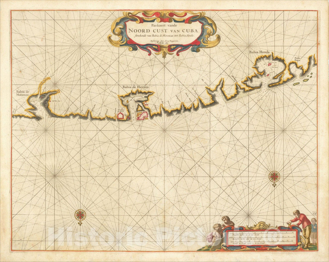 Historic Map : Havana Harbor, Paskaert vande Noord Cust van Cuba Streckende van Bahia de Matancas to Bahia Honda, 1675, Arent Roggeveen, Vintage Wall Art