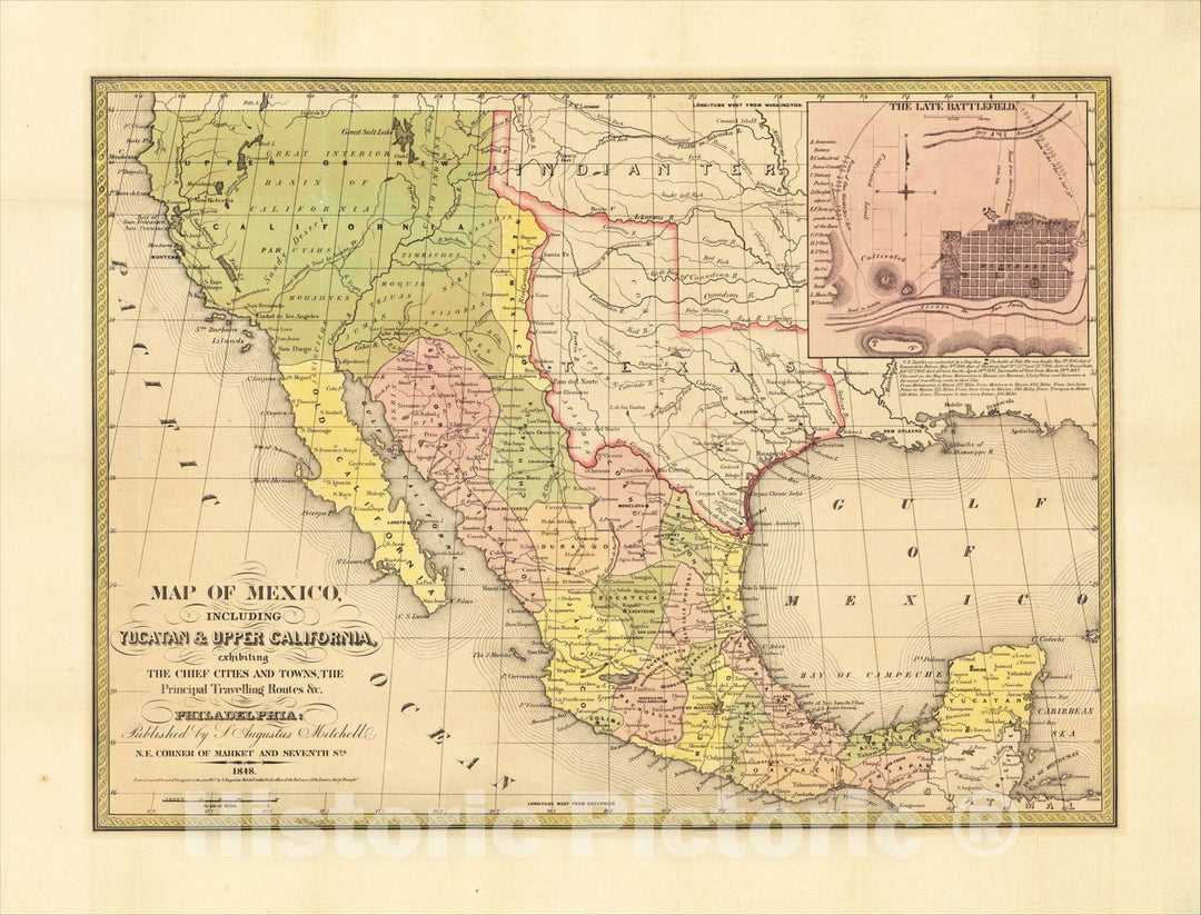 Historic Map : Map of Mexico, Including Yucatan and Upper California, exhibiting The Chief Cities And Towns, The Principal Travelling Routes andc, 1846, 1848, Vintage Wall Art