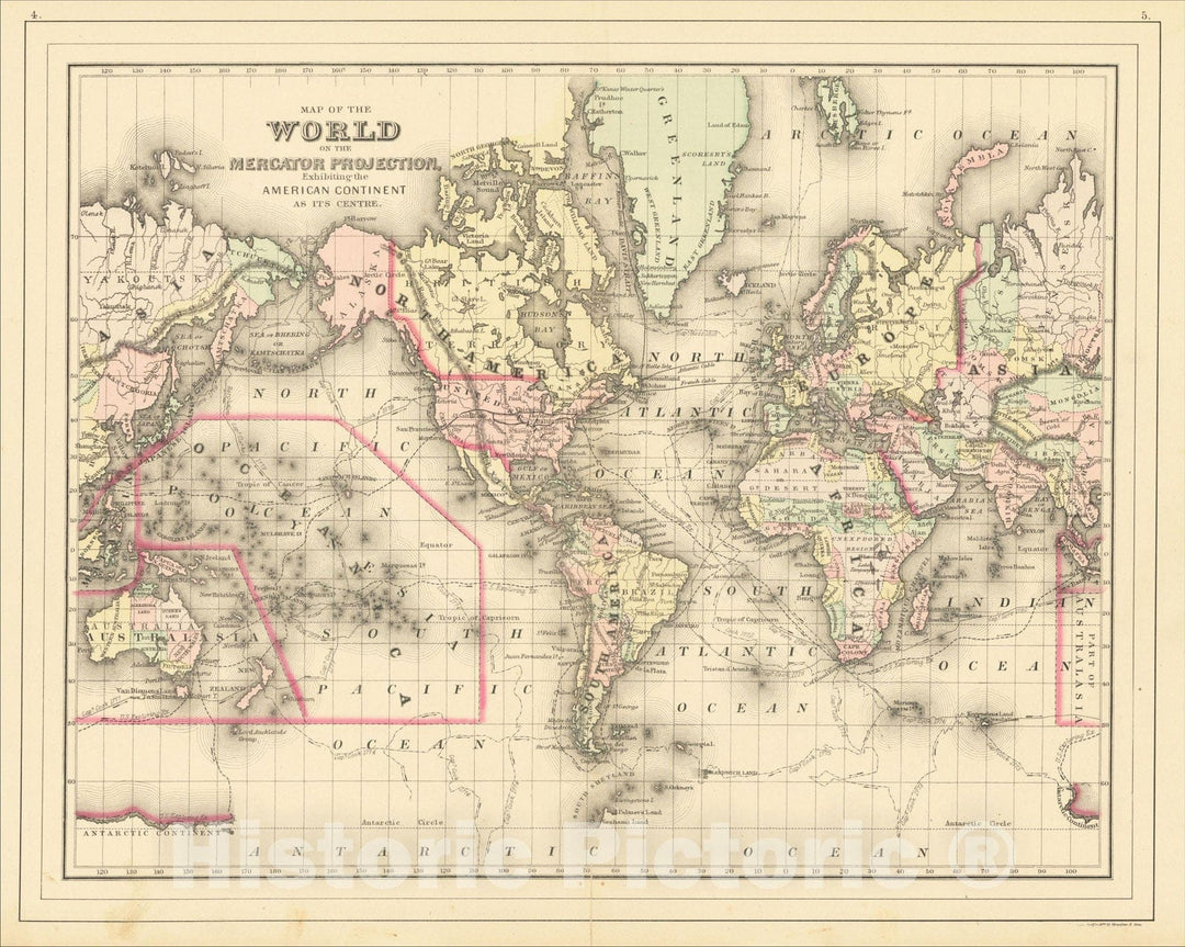 Historic Map : Map of the World on The Mercator Projection, Exhibiting the American Continent As Its Centre, 1884, Samuel Augustus Mitchell Jr., Vintage Wall Art