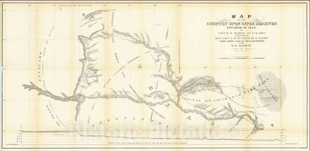 Historic Map : Map of the Country Upon Upper Red River, 1853, R.B. Marcy, Vintage Wall Art