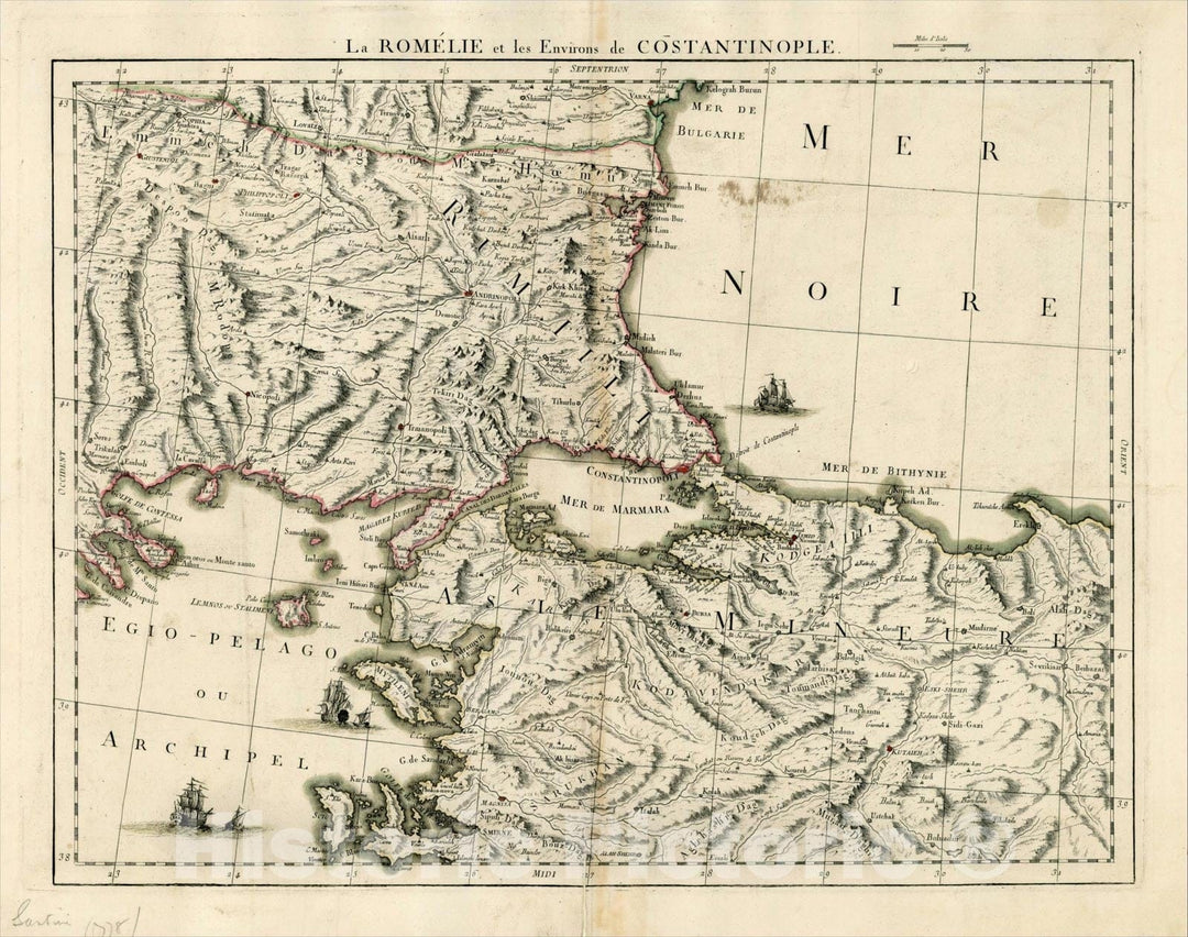 Historic Map : La Romelie et les Environs de Constantinople, 1778, Paolo Santini, Vintage Wall Art