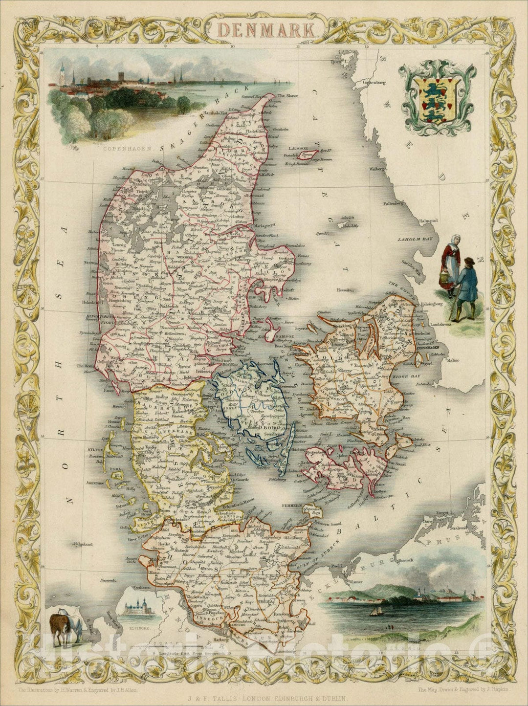 Historic Map : Denmark, 1851, John Tallis, Vintage Wall Art