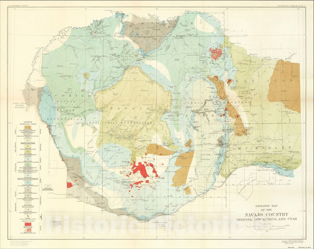 Historic Map : Geological Map of the Navajo Country Arizona, New Mexico, And Utah, 1916, 1916, U.S. Geological Survey, Vintage Wall Art