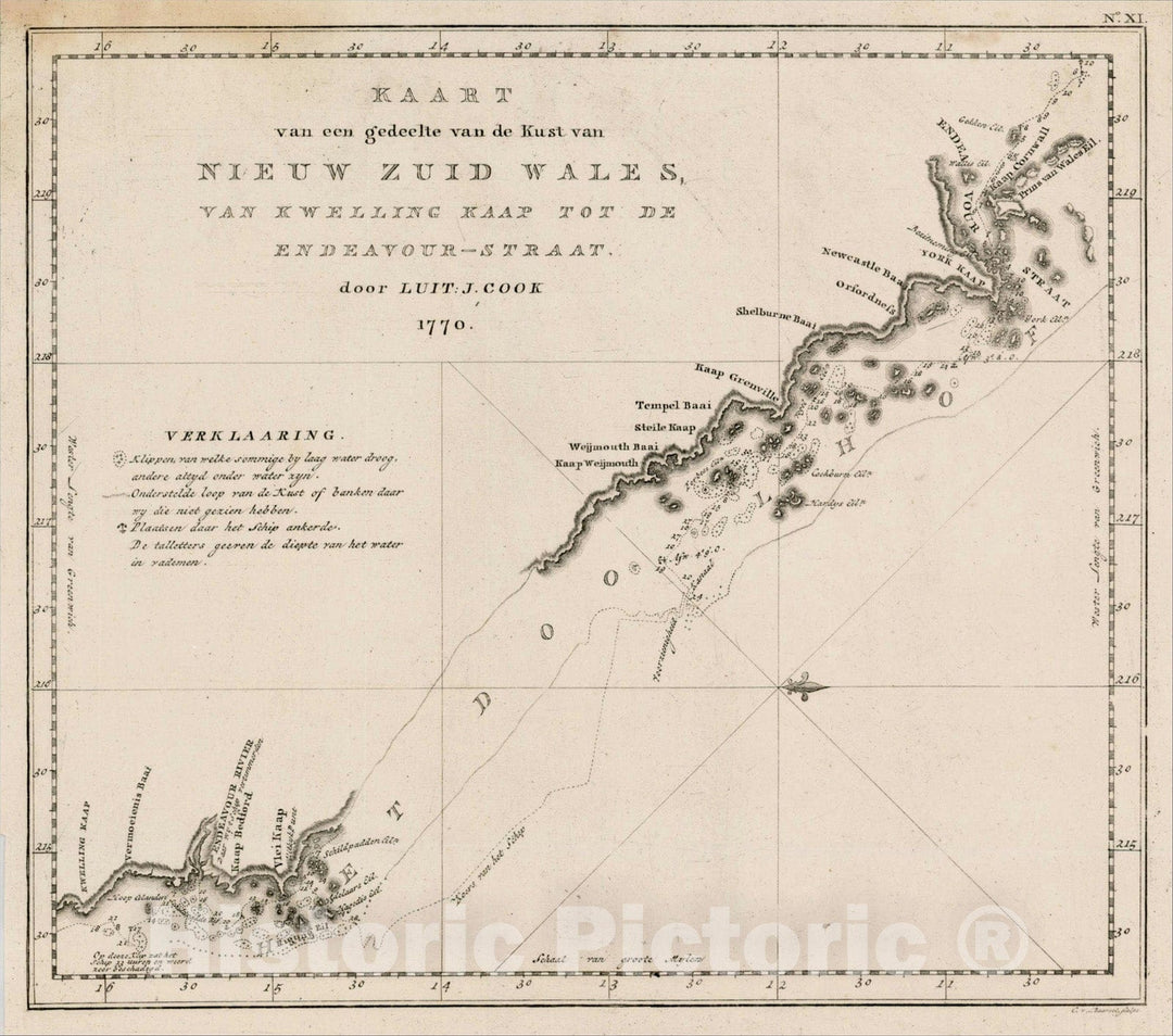 Historic Map : Kaart van een gedeelte van de Kust van Nieuw Zuid Wales, Van KewellingKaapt Tot De Endeavor-Straat door Luit: J. Cook 1770, 1794, , Vintage Wall Art