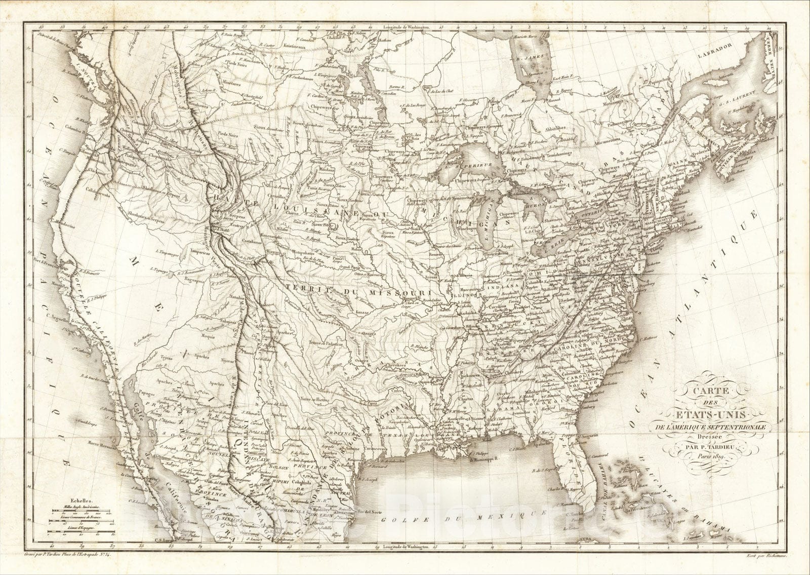 Historic Map : Carte des Etats-Unis de L'Amerique Septentrionale Dressee Par. P. Tardieu. Paris 1819, 1819, Pierre Alexandre Tardieu, v1, Vintage Wall Art