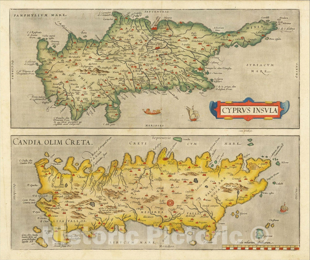 Historic Map : Cyprus Insula with Candia, Olim Creta, 1573, Abraham Ortelius, Vintage Wall Art