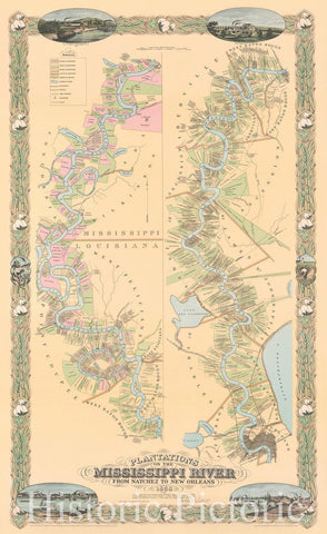 Historic Map : Plantations on the Mississippi River From Natchez to New Orleans 1858., 1858, Joseph Aiena, Vintage Wall Art
