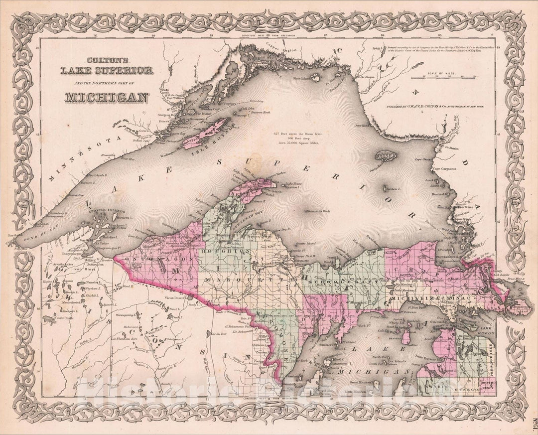 Historic Map : Lake Superior and the Northern Part of Michigan, 1859, Joseph Hutchins Colton, v1, Vintage Wall Art