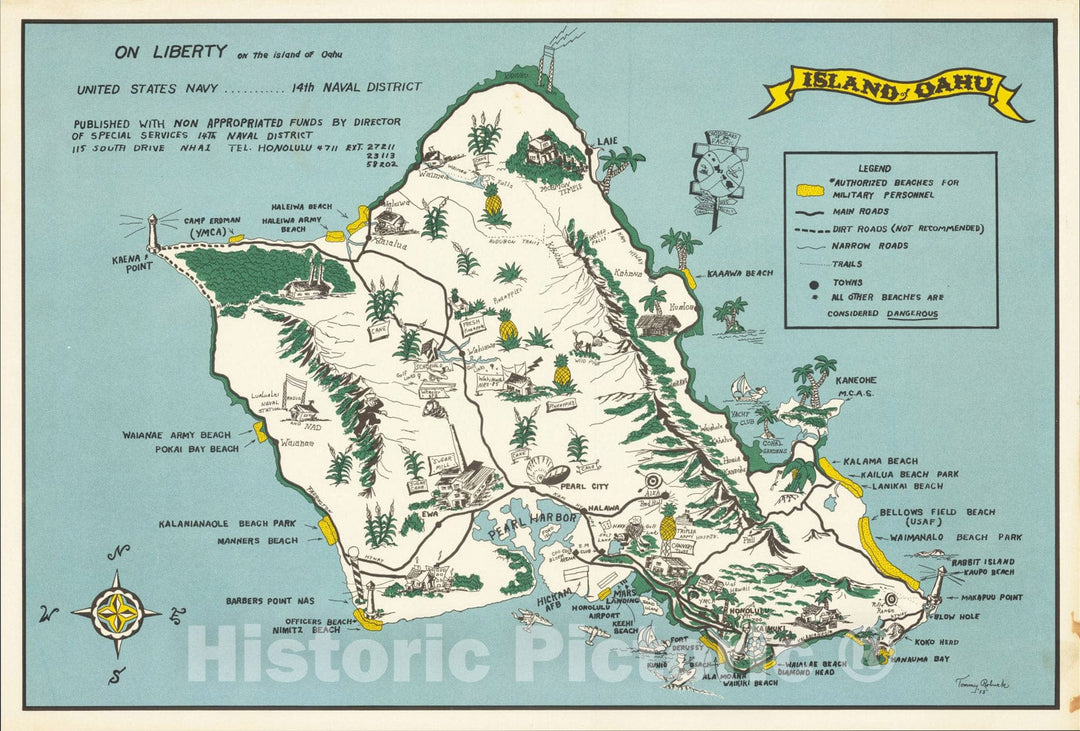 Historic Map : On Liberty on the Island of Oahu, 1953, Tommy Robuck, v1, Vintage Wall Art