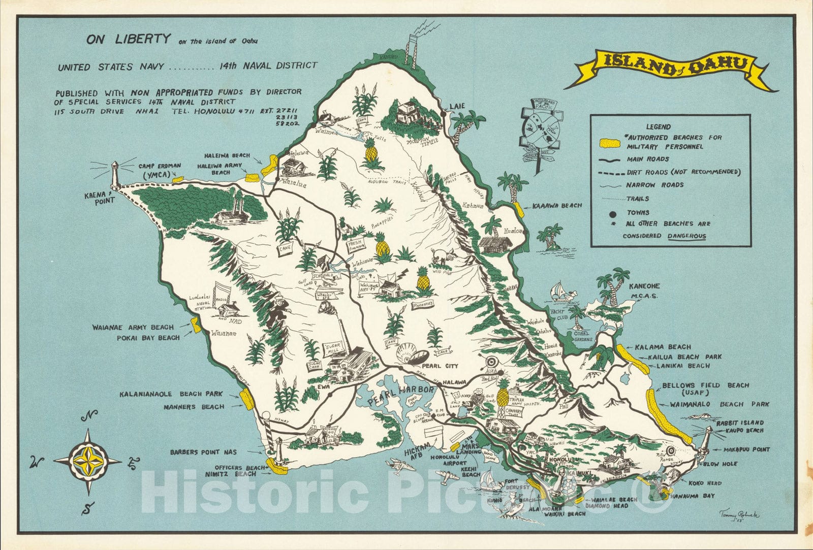 Historic Map : On Liberty on the Island of Oahu, 1953, Tommy Robuck, v1, Vintage Wall Art