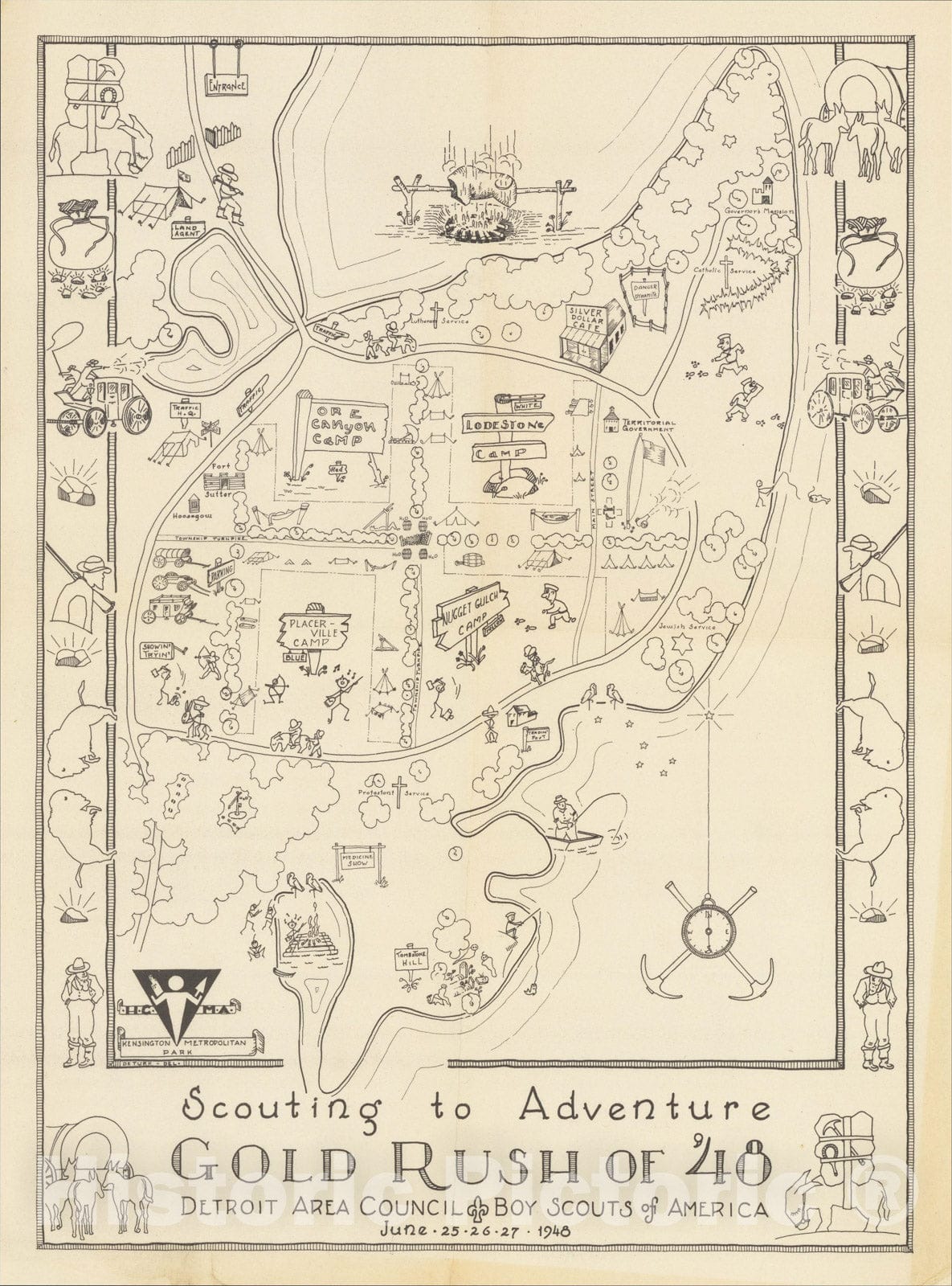 Historic Map : [Kensington Metropolitan Park, Kent Lake] Scouting To Adventure Gold Rush of '48 Detroit Area Council Boy Scouts of America, 1948, 1948, Vintage Wall Art