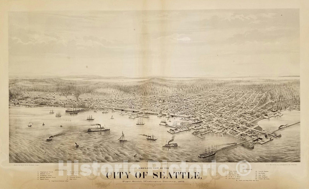 Historic Map : Bird's-Eye View Of The City of Seattle, Puget Sound, Washington Territory, 1878, 1878, Eli Sheldon Glover, v1, Vintage Wall Art