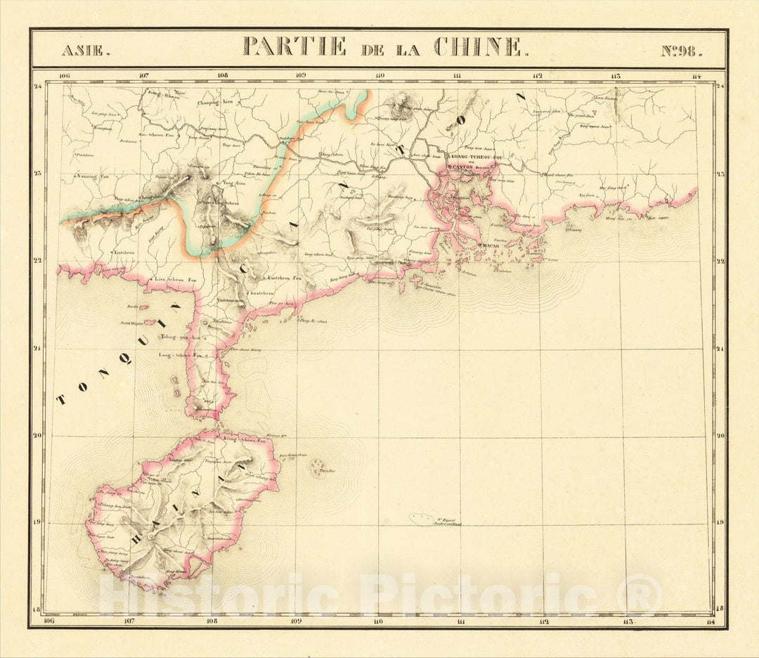 Historic Map : [Hong Kong, Macao, Canton] Asie No. 98. Partie de La Chine, 1827, Philippe Marie Vandermaelen, Vintage Wall Art