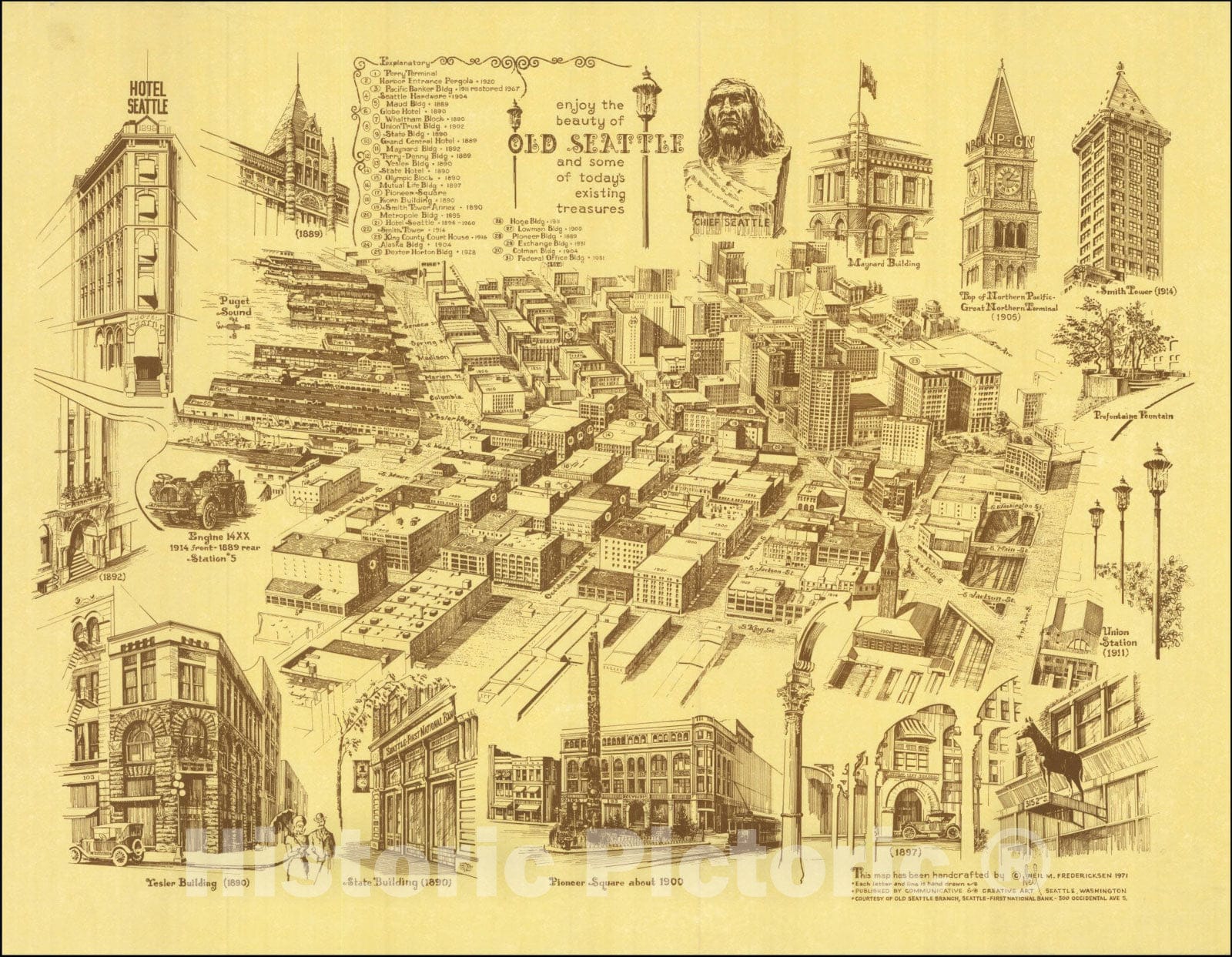 Historic Map : enjoy the beauty of Old Seattle and some of today's existing treasures, 1971, Neil M. Fredericksen, Vintage Wall Art