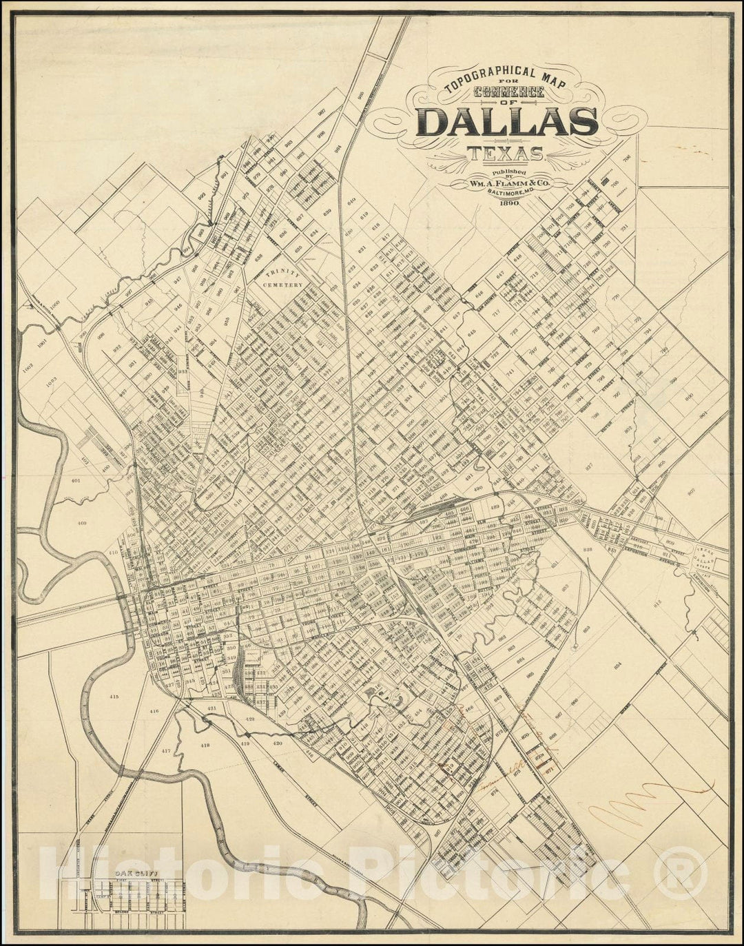 Historic Map : Topographical Map for Commerce of Dallas, Texas, 1890, William A. Flamm, Vintage Wall Art