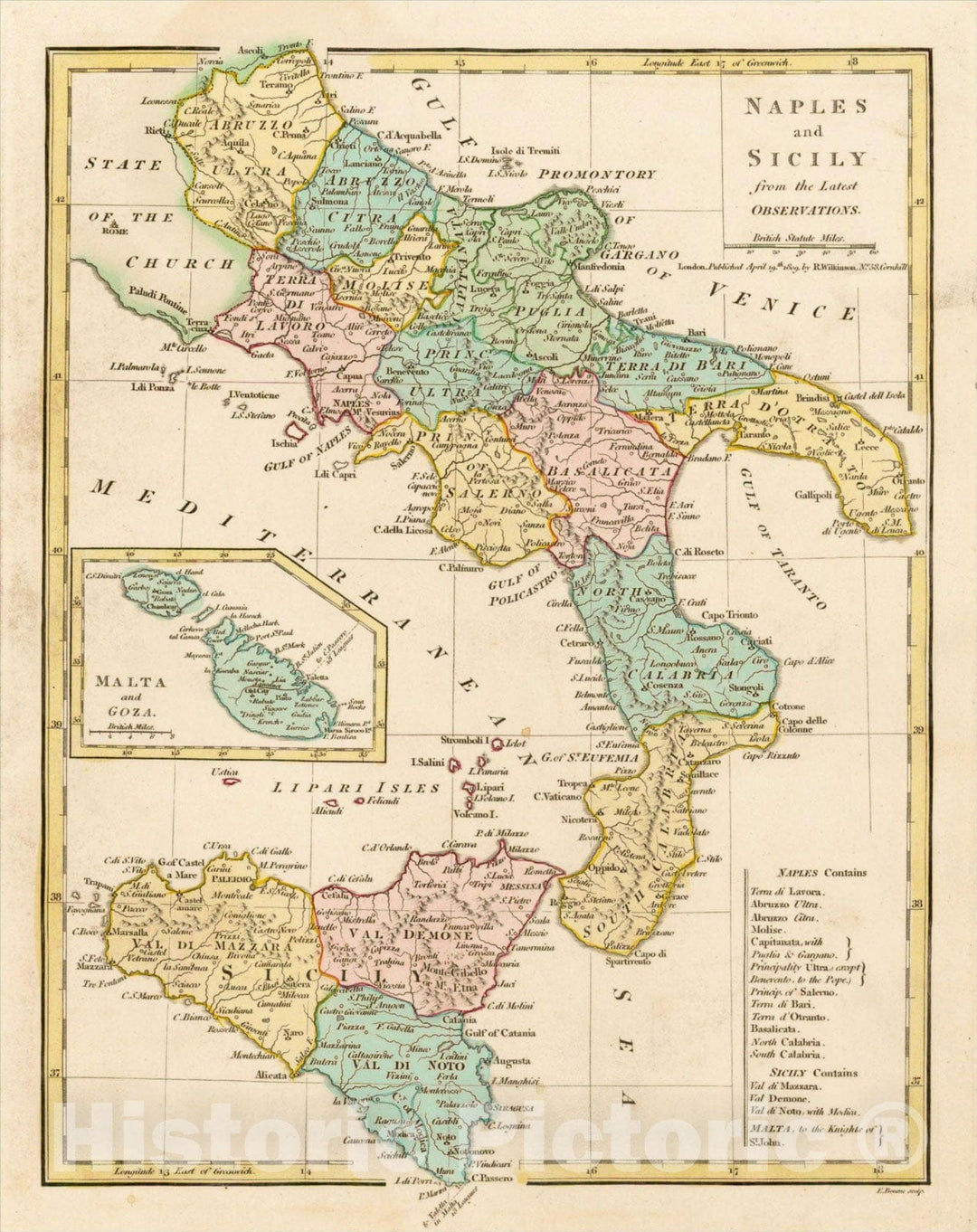 Historic Map : Naples and Sicily from the Latest Observations, 1809 [Malta Inset], 1809, Robert Wilkinson, Vintage Wall Art