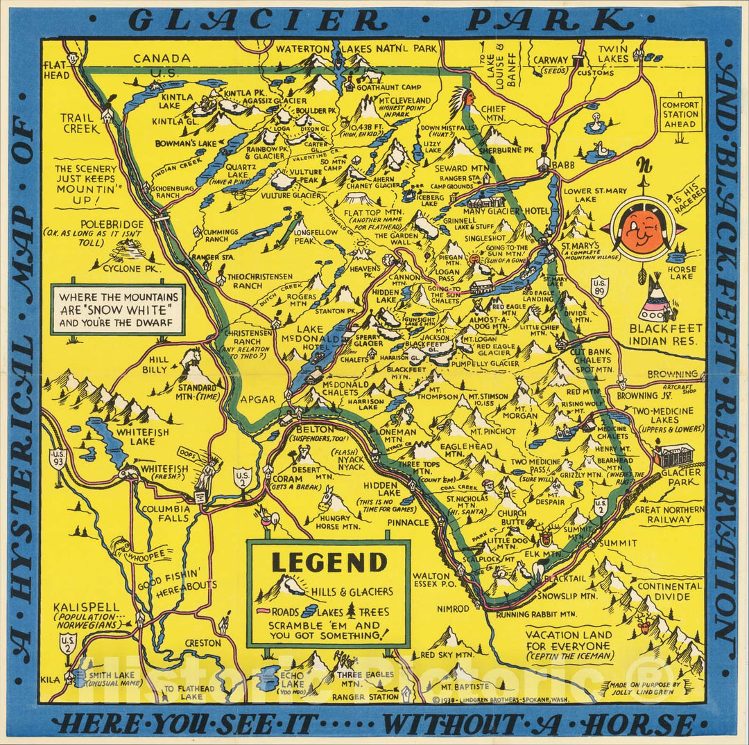 Historic Map : A Hysterical Map of Glacier Park and Blackfeet Reservation, 1938, Lindgren Brothers, v1, Vintage Wall Art