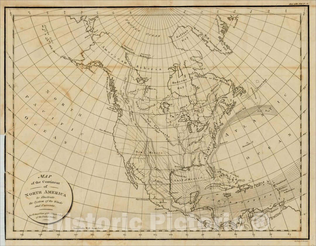 Historic Map : Map of the Continent of North America to illustrate the System of Winds and Currents., 1804, Constantin F. Volney, Vintage Wall Art