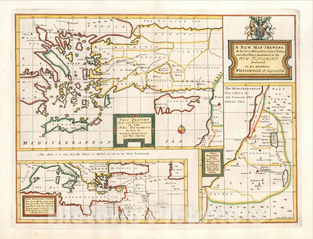 Historic Map : A New Map Shewing all the several Counties, Cities, Towns, and other Places mentioned in the New Testament, [shows Cyprus], 1712, Edward Wells, Vintage Wall Art