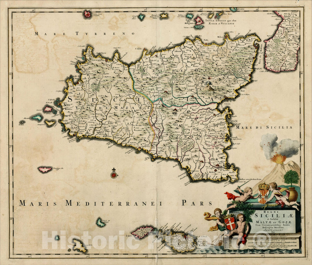 Historic Map : Regni Siciliae et Insulae Maltae et Gozae Cum Circumjacentibus Insulis Descriptio Novissima, c1685, , Vintage Wall Art