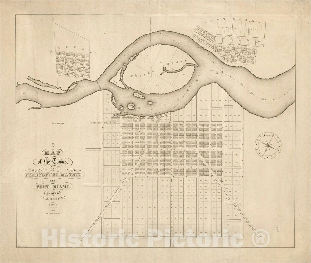 Historic Map : Map of the Towns of Perrysburg, Maumee and Port Miami. Projected by A.N. Olney. 1835., 1835, , Vintage Wall Art