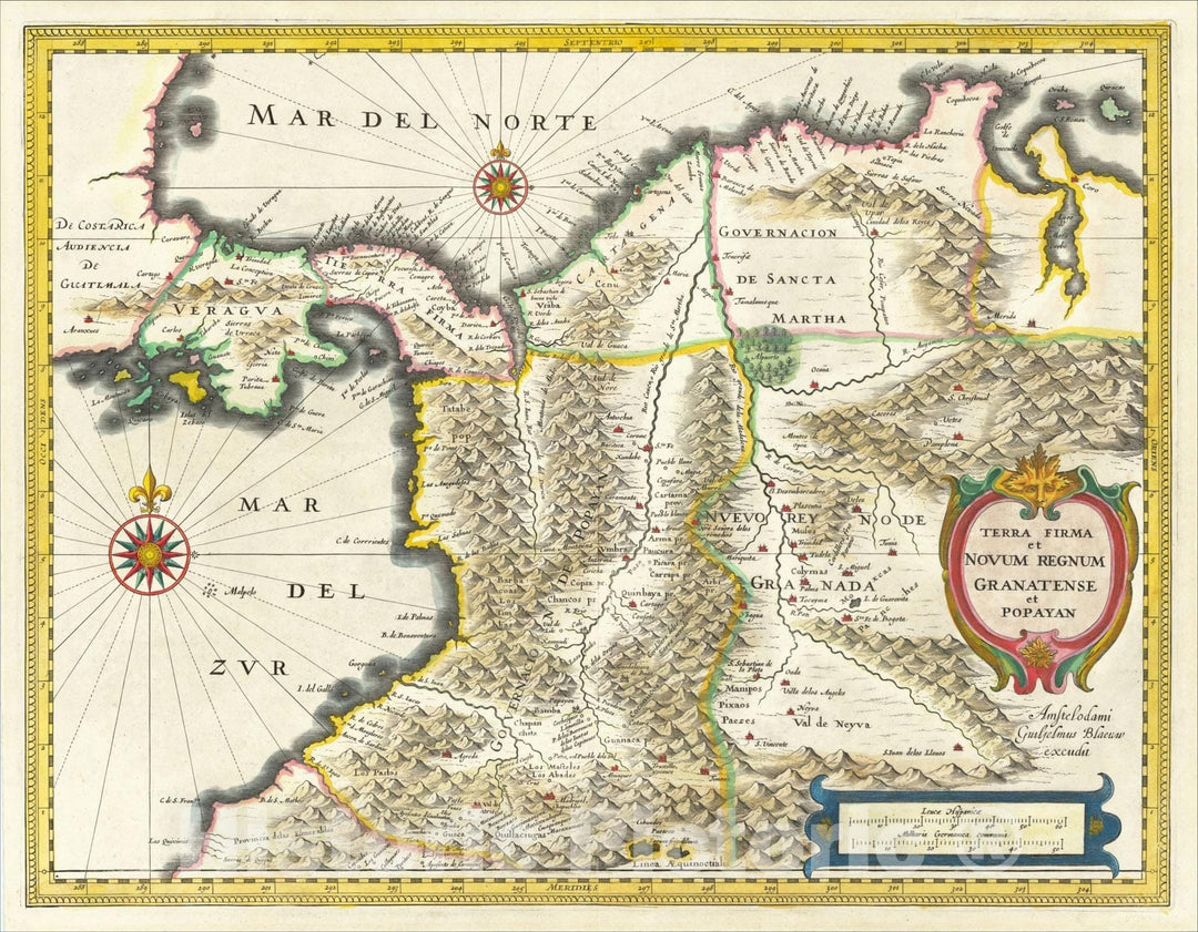 Historic Map : (Colombia) Terra Firma et Novum Regnum Granatense et Popayan, 1635, Willem Janszoon Blaeu, Vintage Wall Art