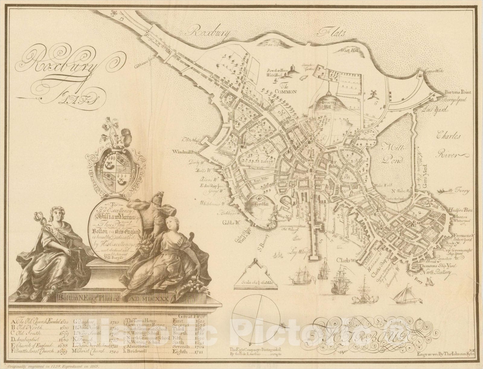 Historic Map : Plan of Boston in New England, c1728, William Burgis, Vintage Wall Art