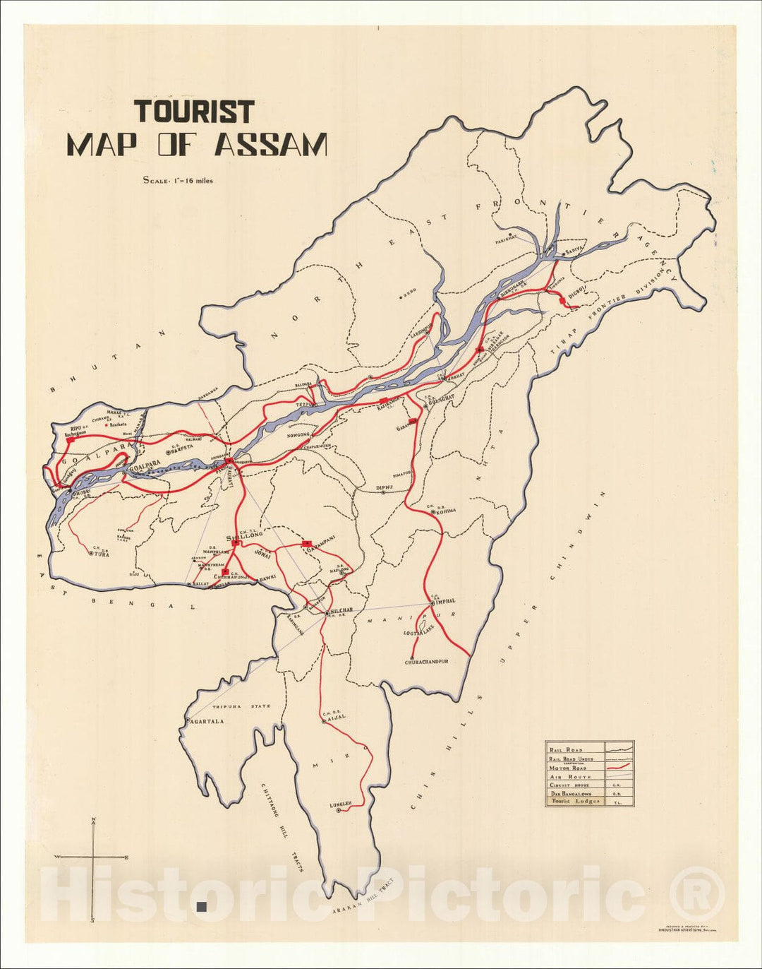 Historic Map : Tourist Map of Assam, c1960, Hindusthan Advertising, Vintage Wall Art