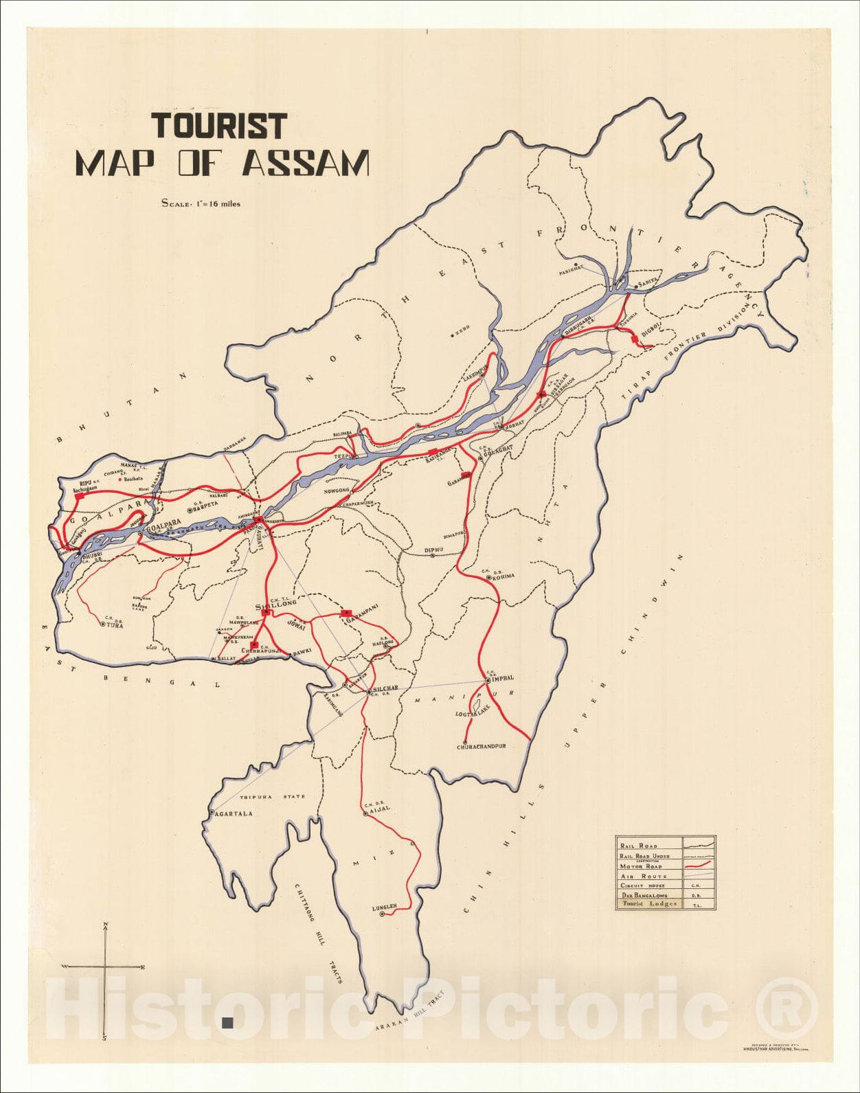 Historic Map : Tourist Map of Assam, c1960, Hindusthan Advertising, Vintage Wall Art