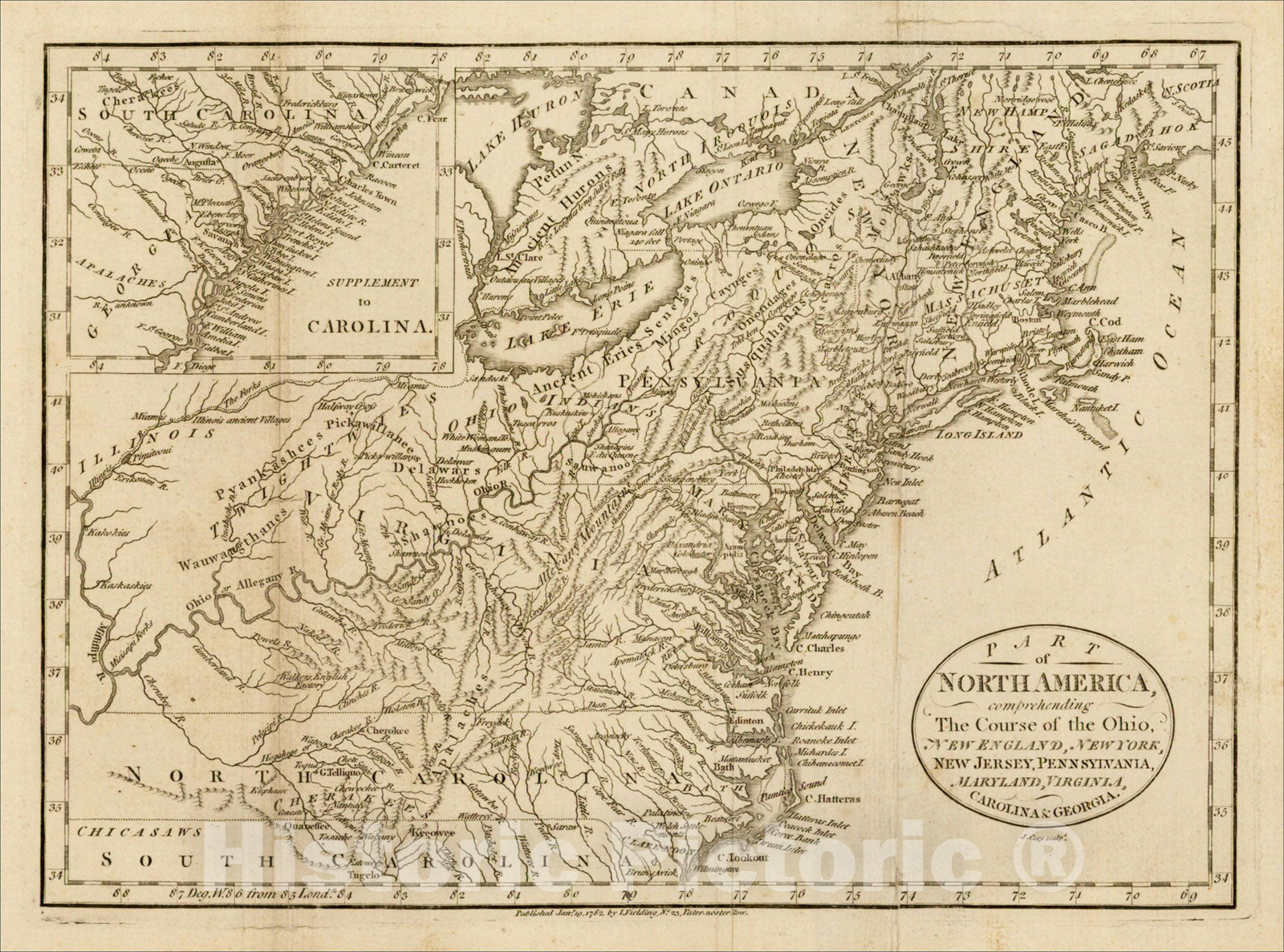 Historic Map : Part of North America, comprehending The Course of the Ohio, New England and New York, New Jersey, Pennsylvania, Maryland, Virginia, 1782, Vintage Wall Art