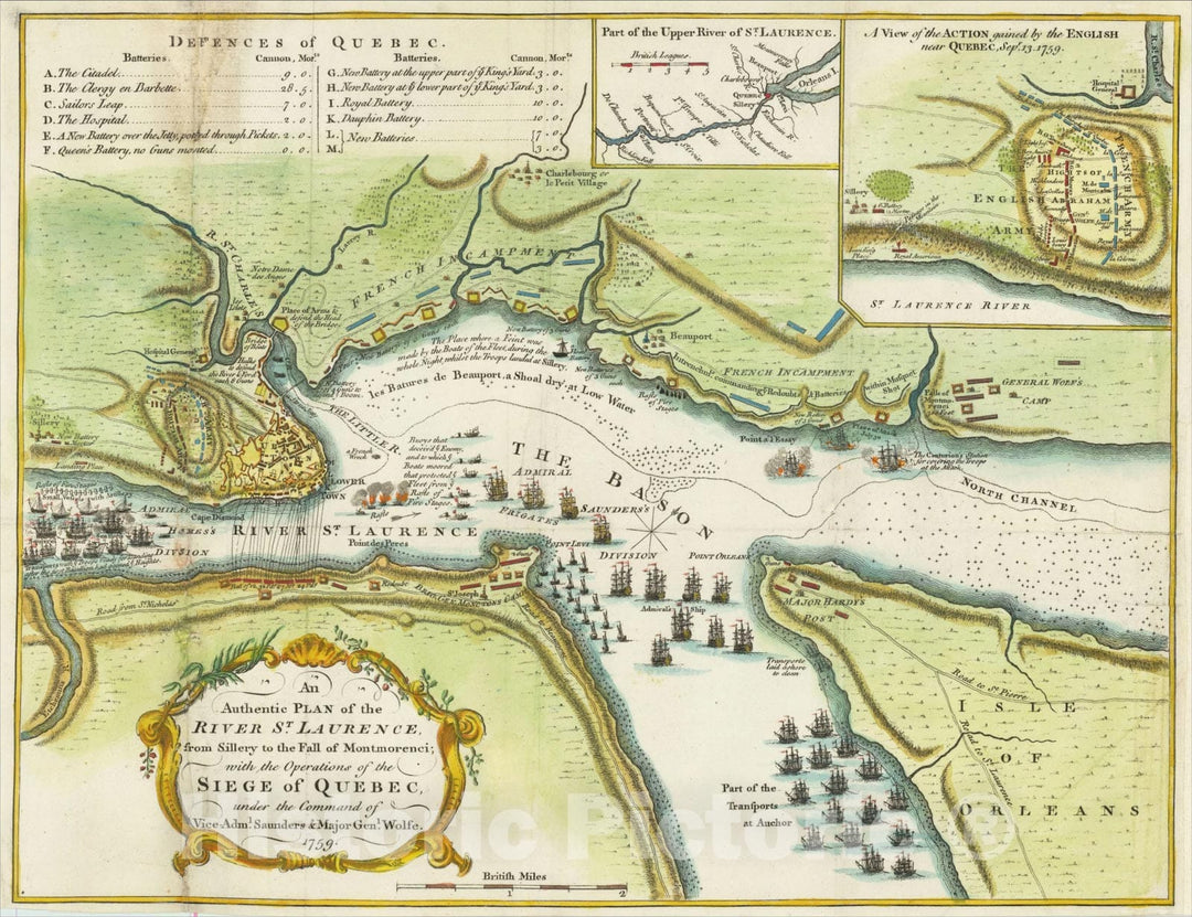 Historic Map : An Authentic Plan of the River St. Laurence from Sillery to the Fall of Montmorenci, with the Operations of the Siege of Quebec, 1759, Vintage Wall Art