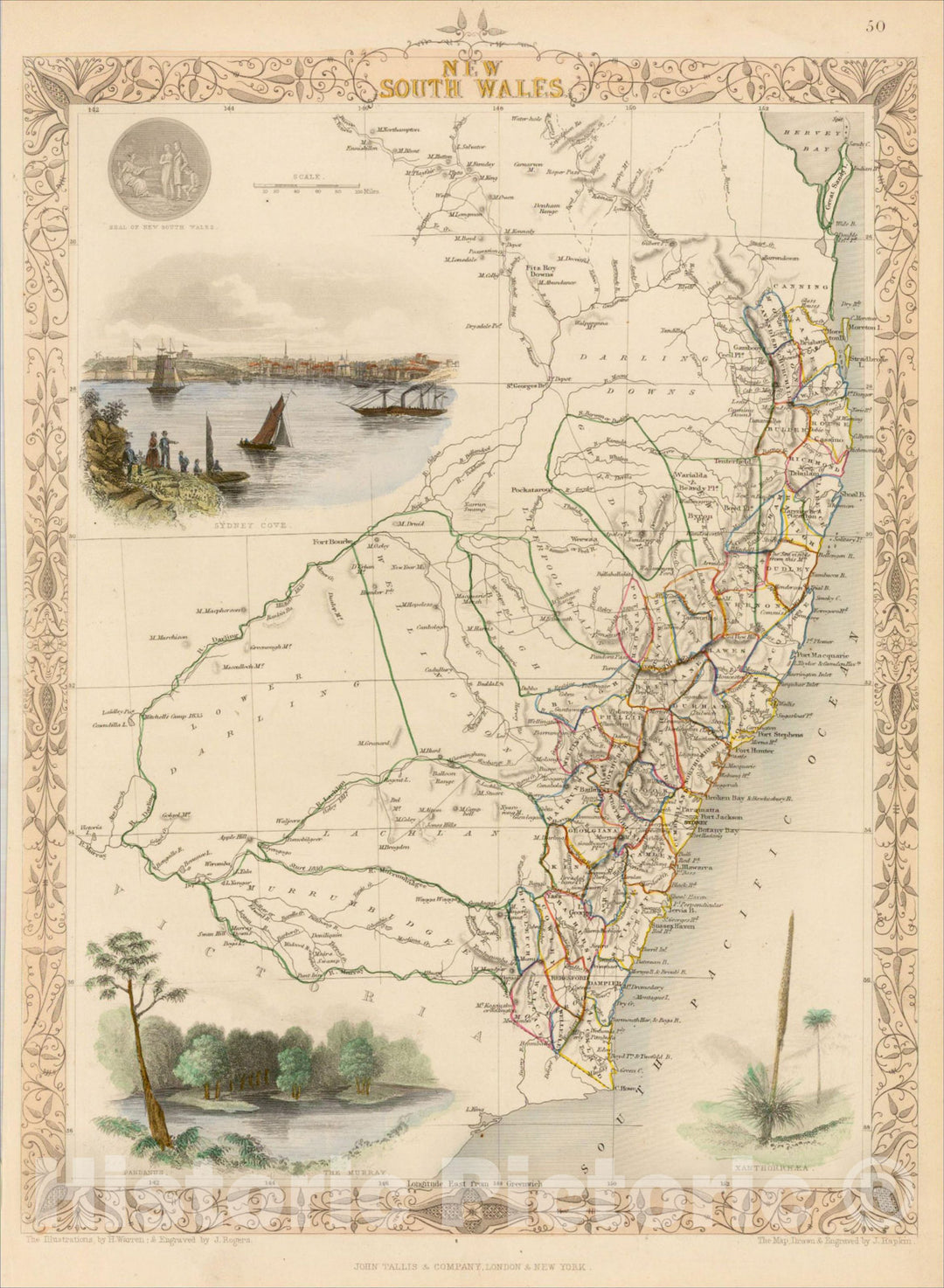 Historic Map : New South Wales, 1851, John Tallis, v1, Vintage Wall Art