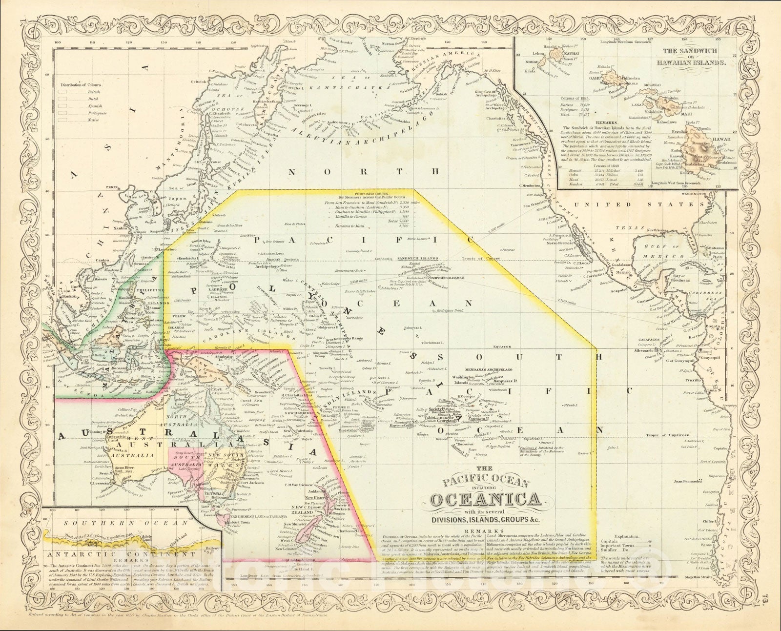 Historic Map : The Pacific Ocean Including Oceanica with its several Divisions, Groups, andc., 1857, Charles Desilver, Vintage Wall Art