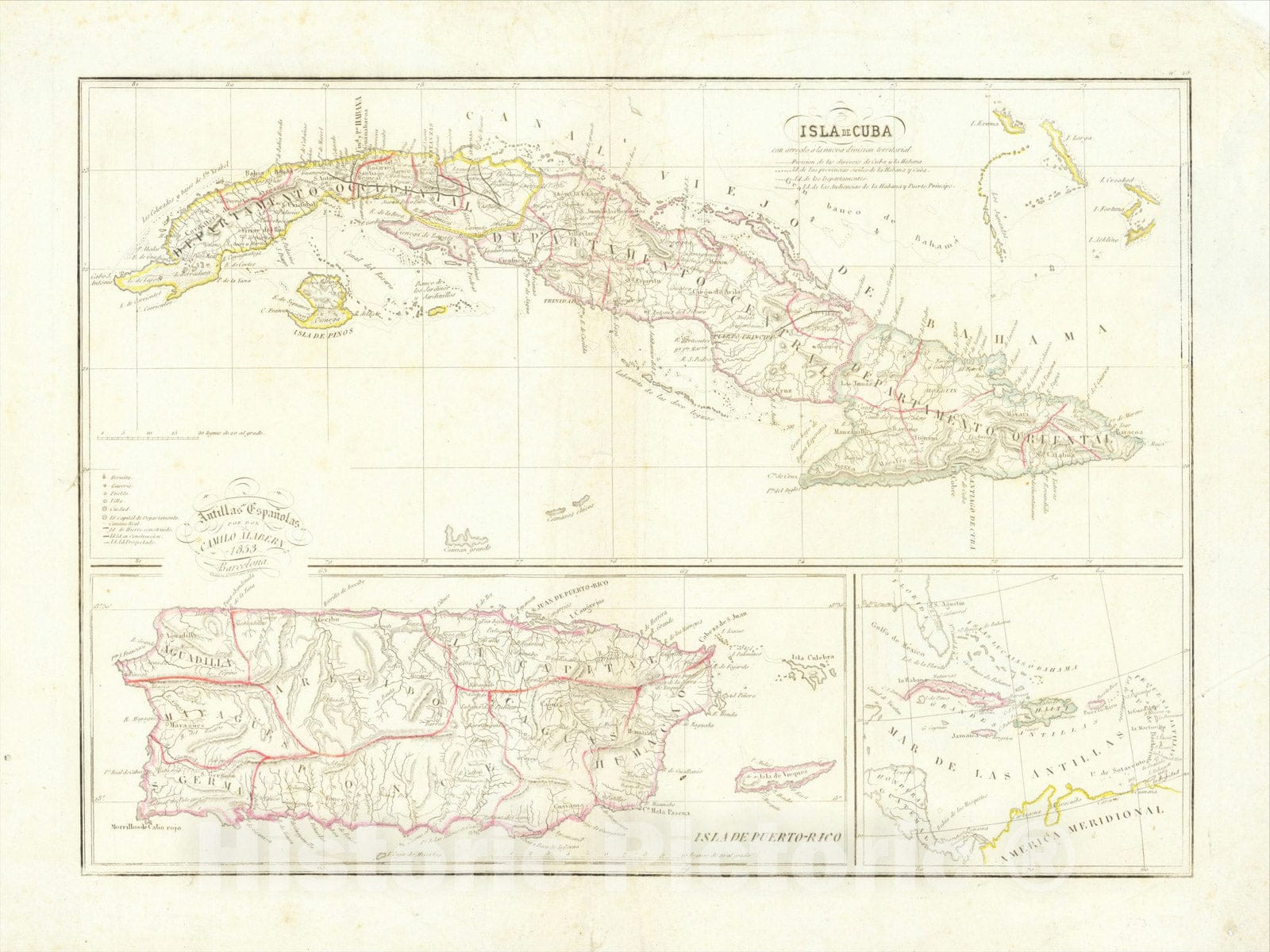 Historic Map : Isla de Cuba con arreglo a la nueva division territorial [and] Isla de Puerto-Rico, 1853, Camilo Alabern, Vintage Wall Art