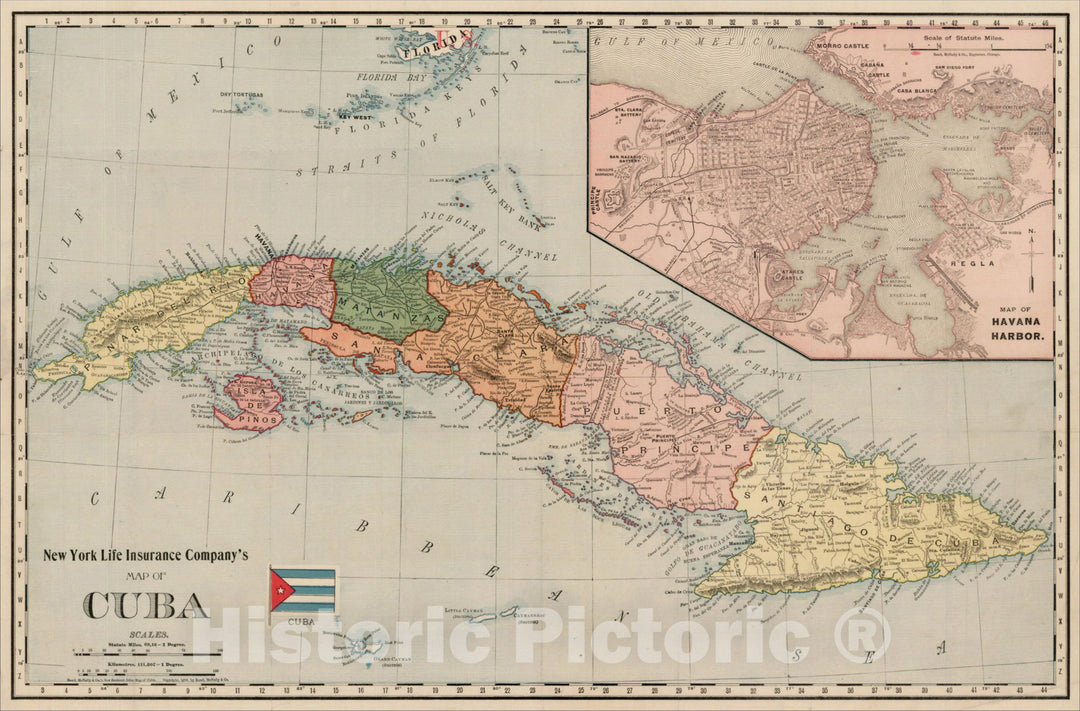 Historic Map : New York Life Insurance Company's Map of Cuba, 1898 (with Flag), 1898, , Vintage Wall Art