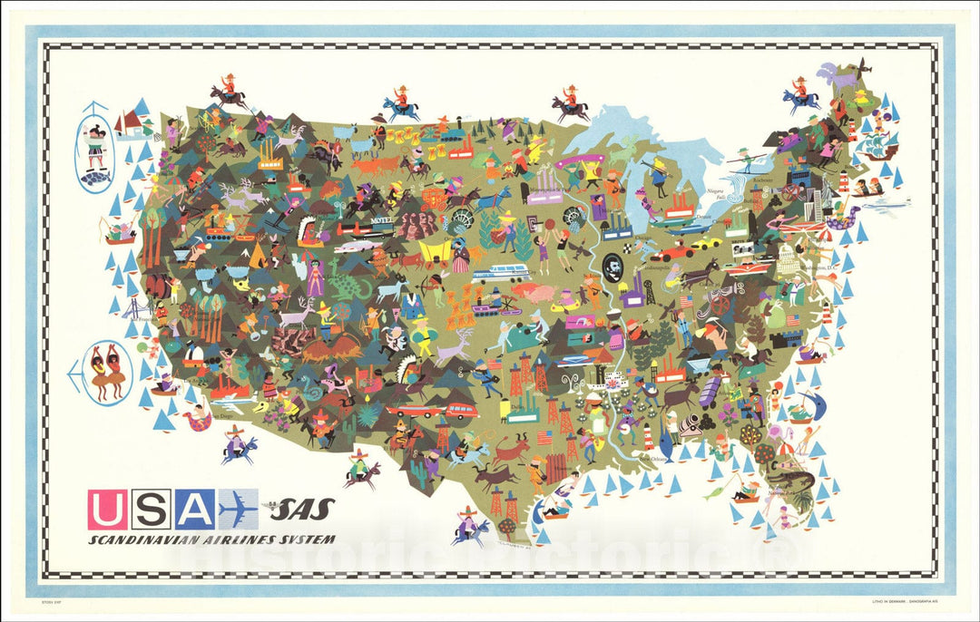 Historic Map : USA SAS Scandinavian System, 1961, Scandinavian Airlines Systems, Vintage Wall Art