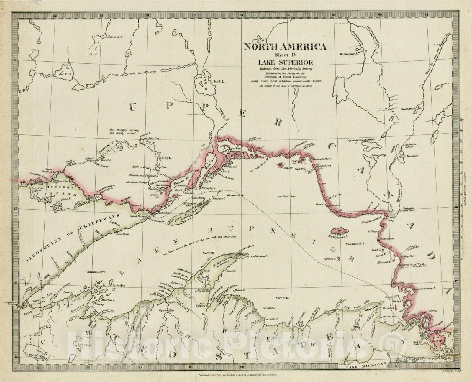 Historic Map : North America Sheet IV Lake Superior Reduced from the Admiralty Survey, 1832, SDUK, Vintage Wall Art