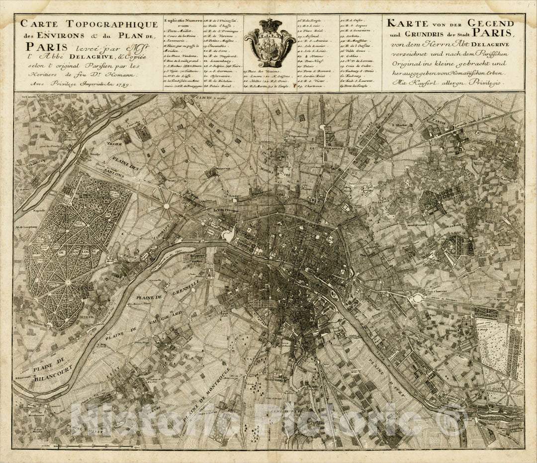 Historic Map : Carte Topographique des Environs & du Plan de Paris levee par Mr. l'Abee Delarive, 1739, 1739, , Vintage Wall Art