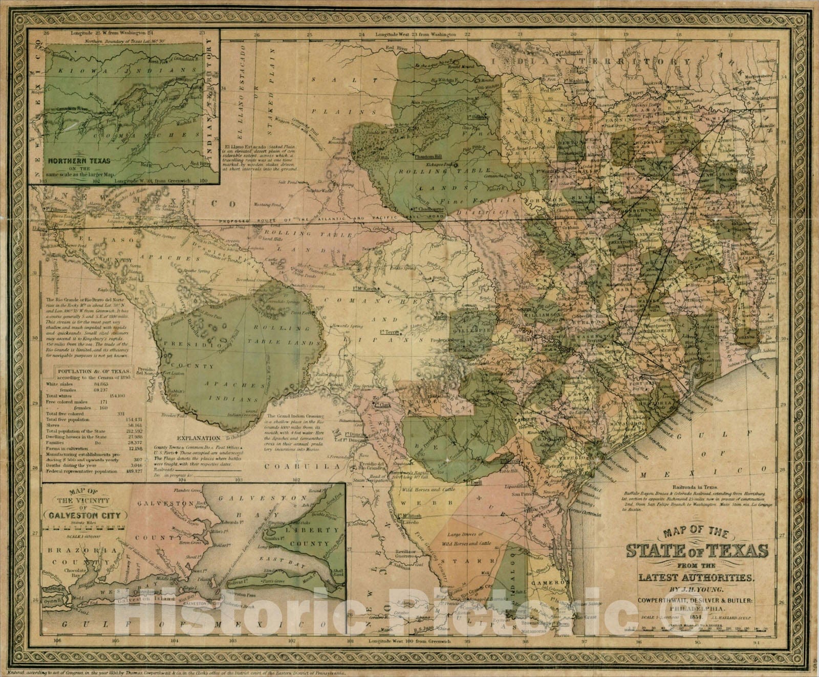 Historic Map : Map of the State of Texas From The Latest Authorities, By J.H. Young, 1854, Cowperthwait, Desilver & Butler, Vintage Wall Art