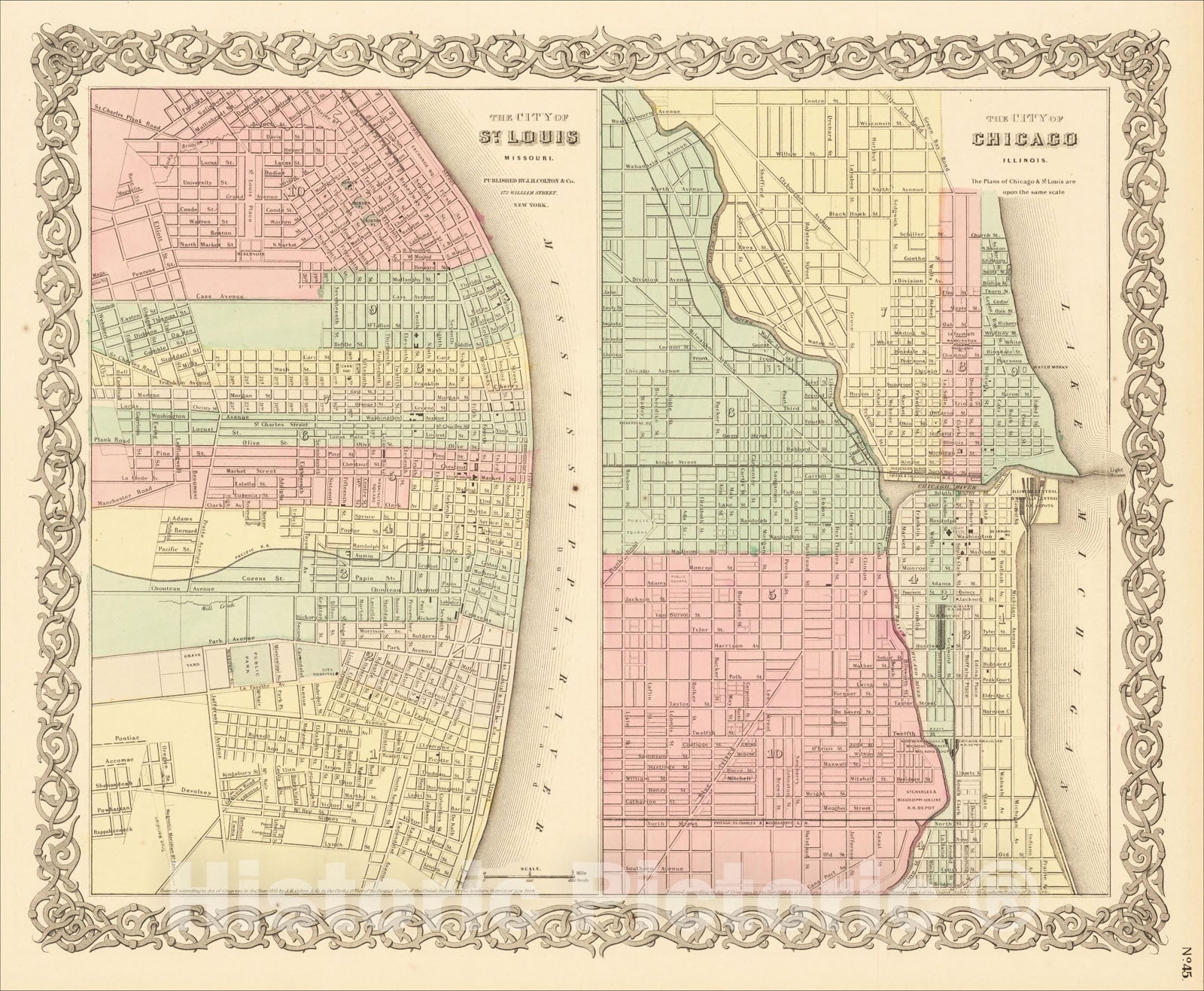 Historic Map : The City of St. Louis with The City of Chicago, 1859, Joseph Hutchins Colton, Vintage Wall Art