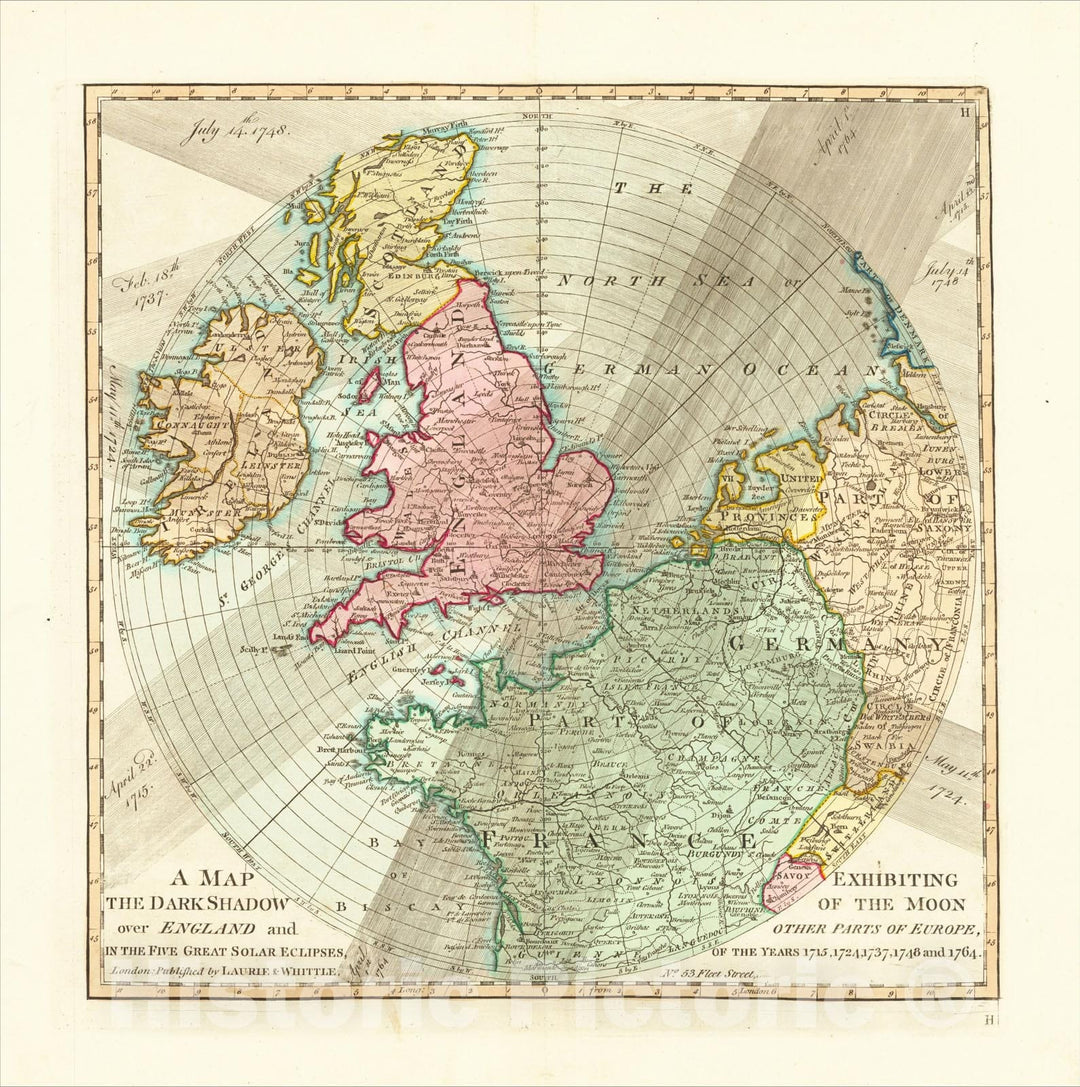 Historic Map : Exhibiting the Dark Shadow of the Moon over England and Europe, In the Five Great Solar Eclipes, 1715, 24, 37, 48 and 64, 1794, Vintage Wall Art