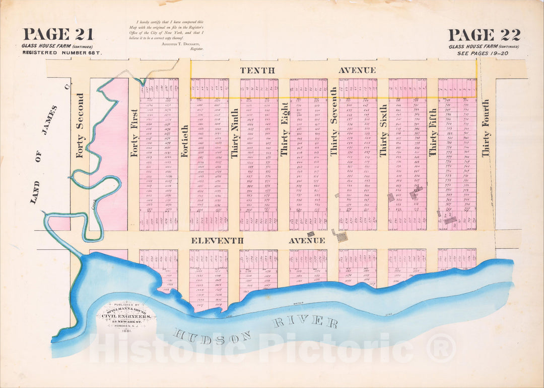 Historic Map : [Hell's Kitchen, New York City] Glass House Farm (Continued), 1881, Spielmann & Brush, Vintage Wall Art