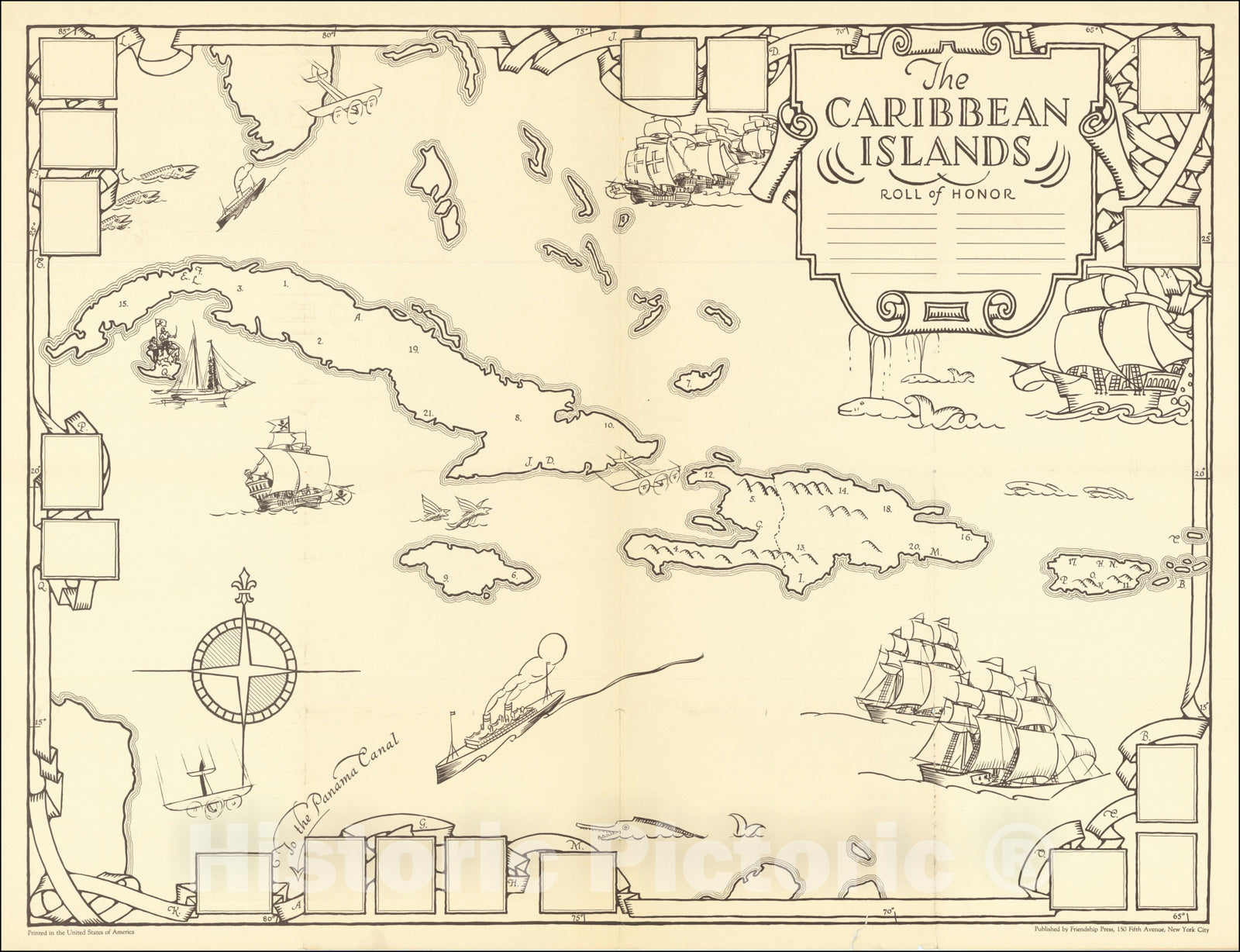 Historic Map : The Caribbean Islands, 1930, Dr. Gilbert Q. LeSourd, Vintage Wall Art