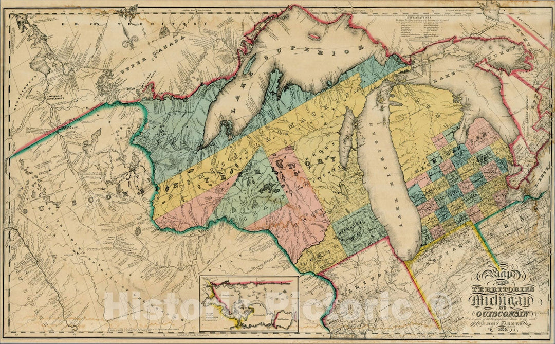 Historic Map : Improved Map of the Territories of Michigan and Ouisconsin, 1836, 1836, John Farmer, Vintage Wall Art