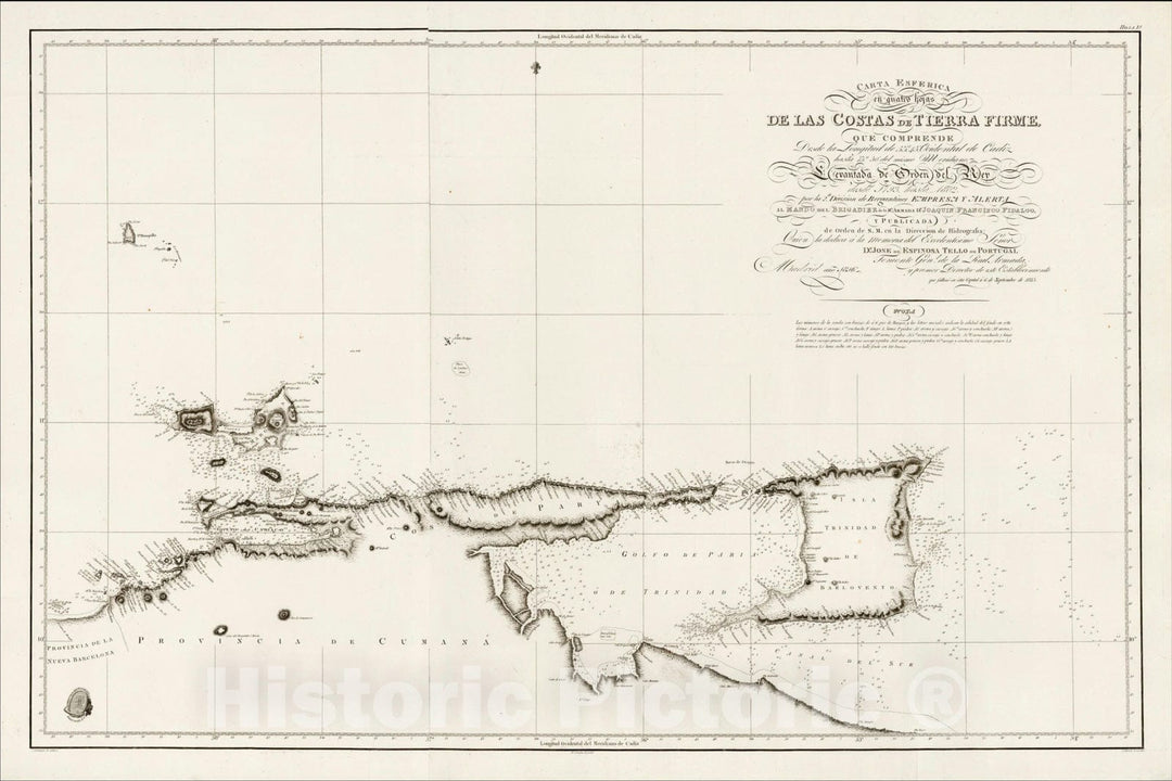 Historic Map : Carta Esferica en quatro hojas De Las Costas De Tierra Firme, 1816, Direccion Hidrografica de Madrid, Vintage Wall Art