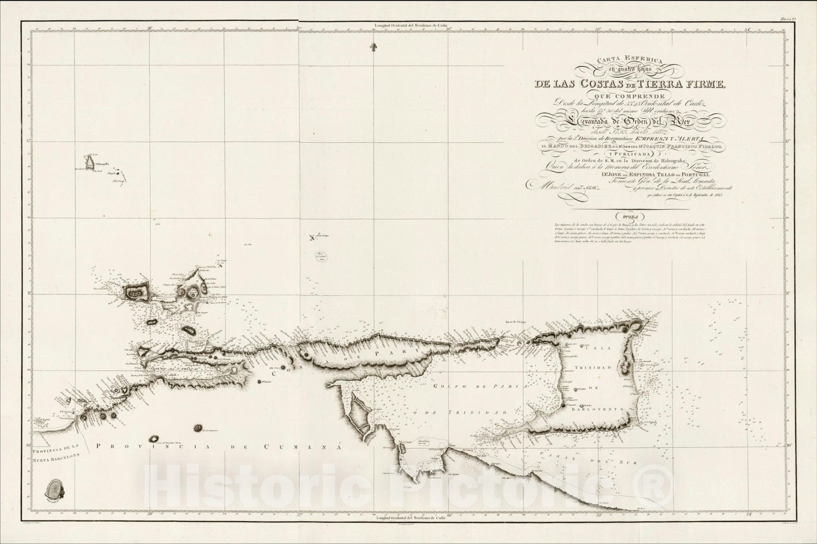 Historic Map : Carta Esferica en quatro hojas De Las Costas De Tierra Firme, 1816, Direccion Hidrografica de Madrid, Vintage Wall Art