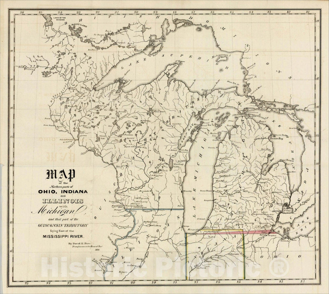 Historic Map : Map of the Northern parts of Ohio, Indiana and Illinois with Michigan, 1836, David Hugh Burr, v1, Vintage Wall Art