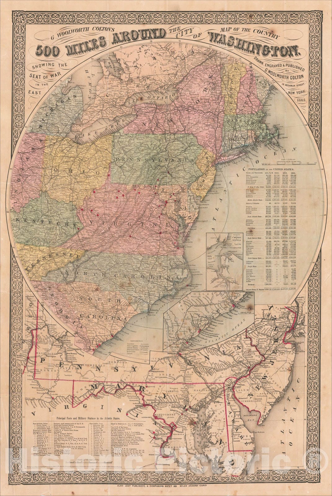 Historic Map : Map of the Country 500 Miles Around the City of Washington, Showing the Seat of War in the East., 1862, G.W. Colton, Vintage Wall Art